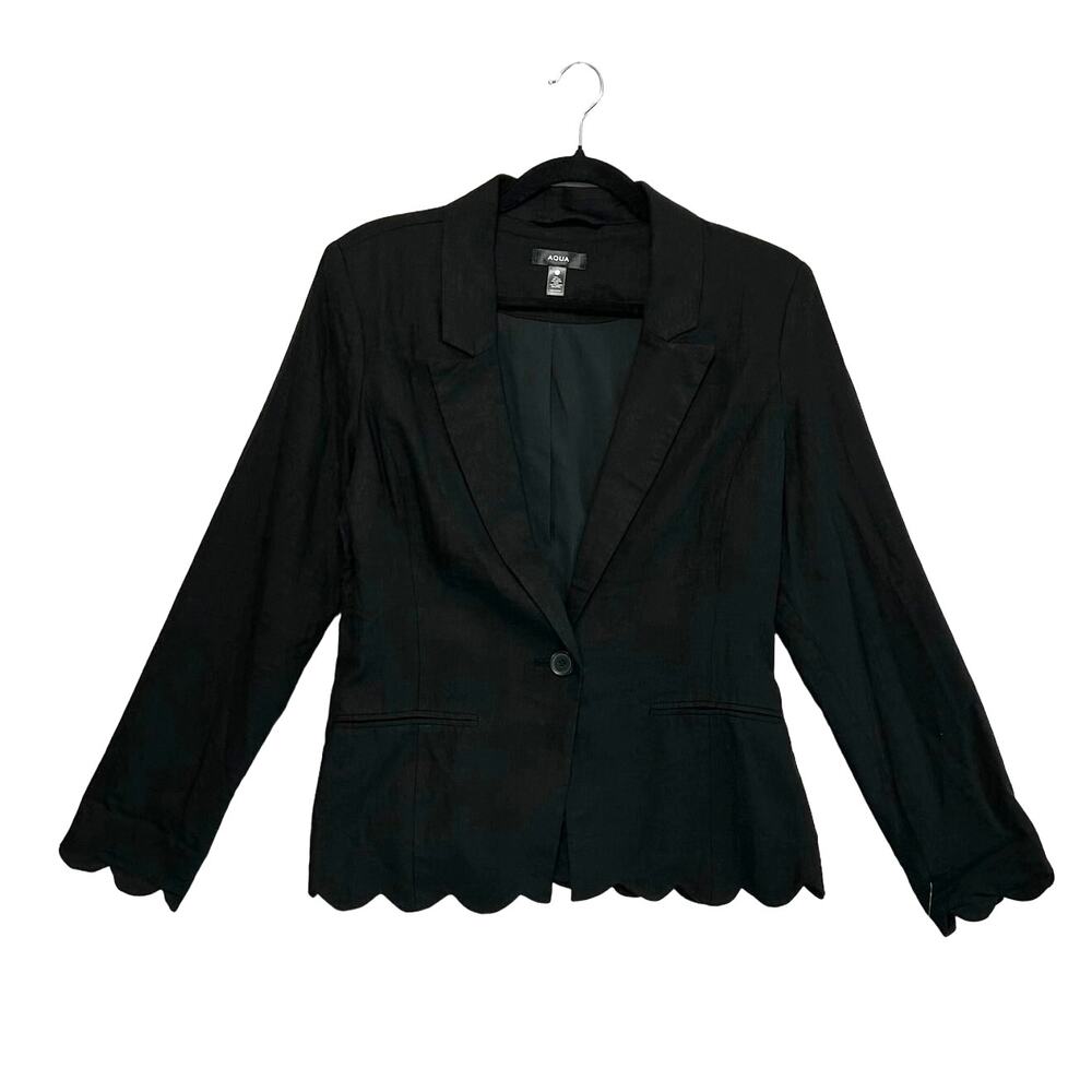Aqua Linen Blend Scalloped One Button Blazer Jacket NWT Women's Sz S NWT Black